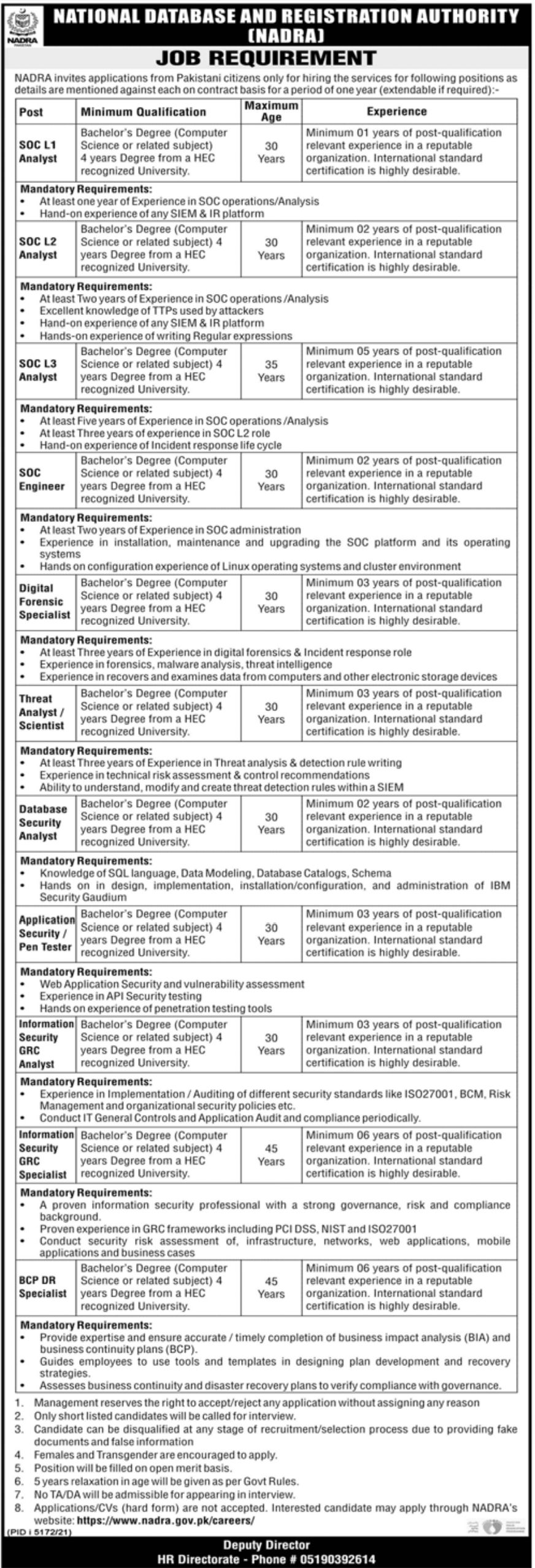 National Database and Registration Authority NADRA Jobs January 2022