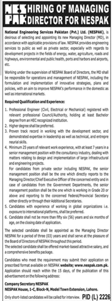 National Engineering Services Pakistan Pvt Ltd NESPAK Jobs January 2022