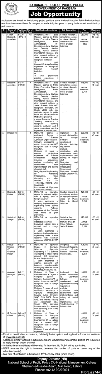 National School of Public Policy Government of Pakistan Jobs January 2022