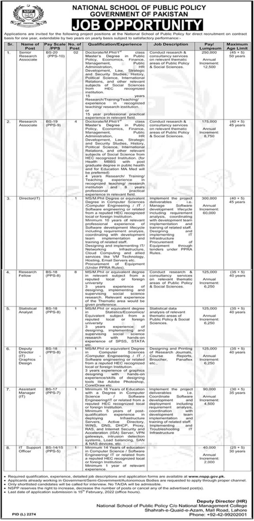 National School of Public Policy Government of Pakistan Jobs January 2022