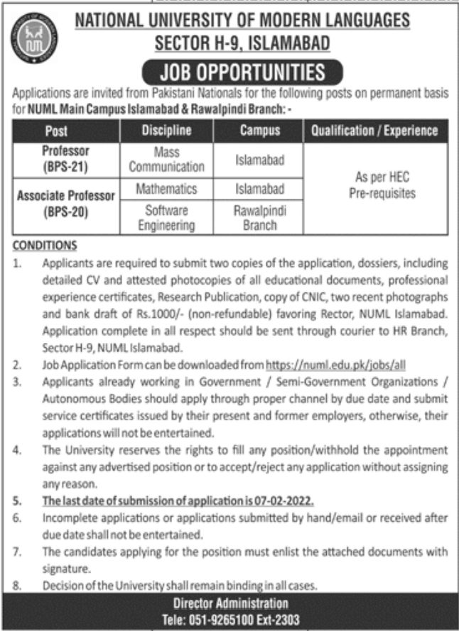 National University of Modern Languages NUML Jobs January 2022