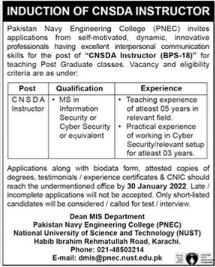 Pakistan Navy Engineering College PNEC Jobs January 2022
