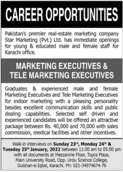 Pakistan Premier Real Estate Marketing Company Jobs January 2022