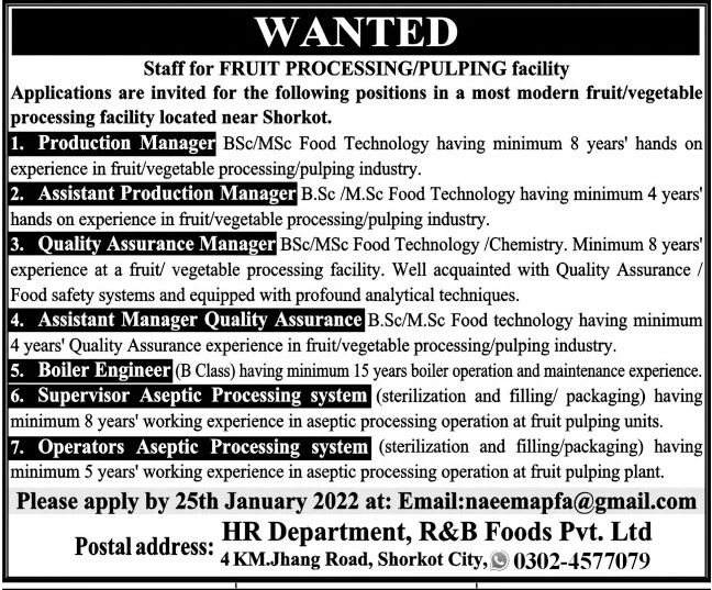 R&B Foods Pvt Ltd Jobs January 2022