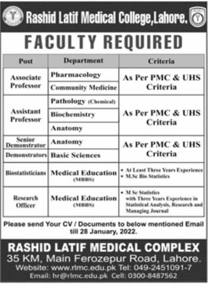 Rashid Latif Medical College Jobs January 2022