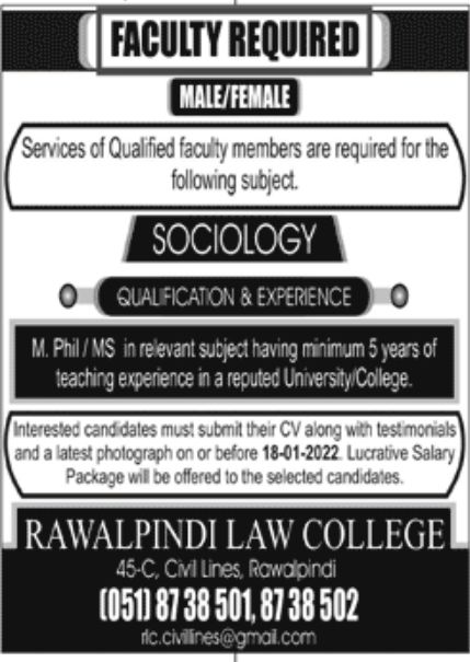 Rawalpindi Law College Jobs January 2022