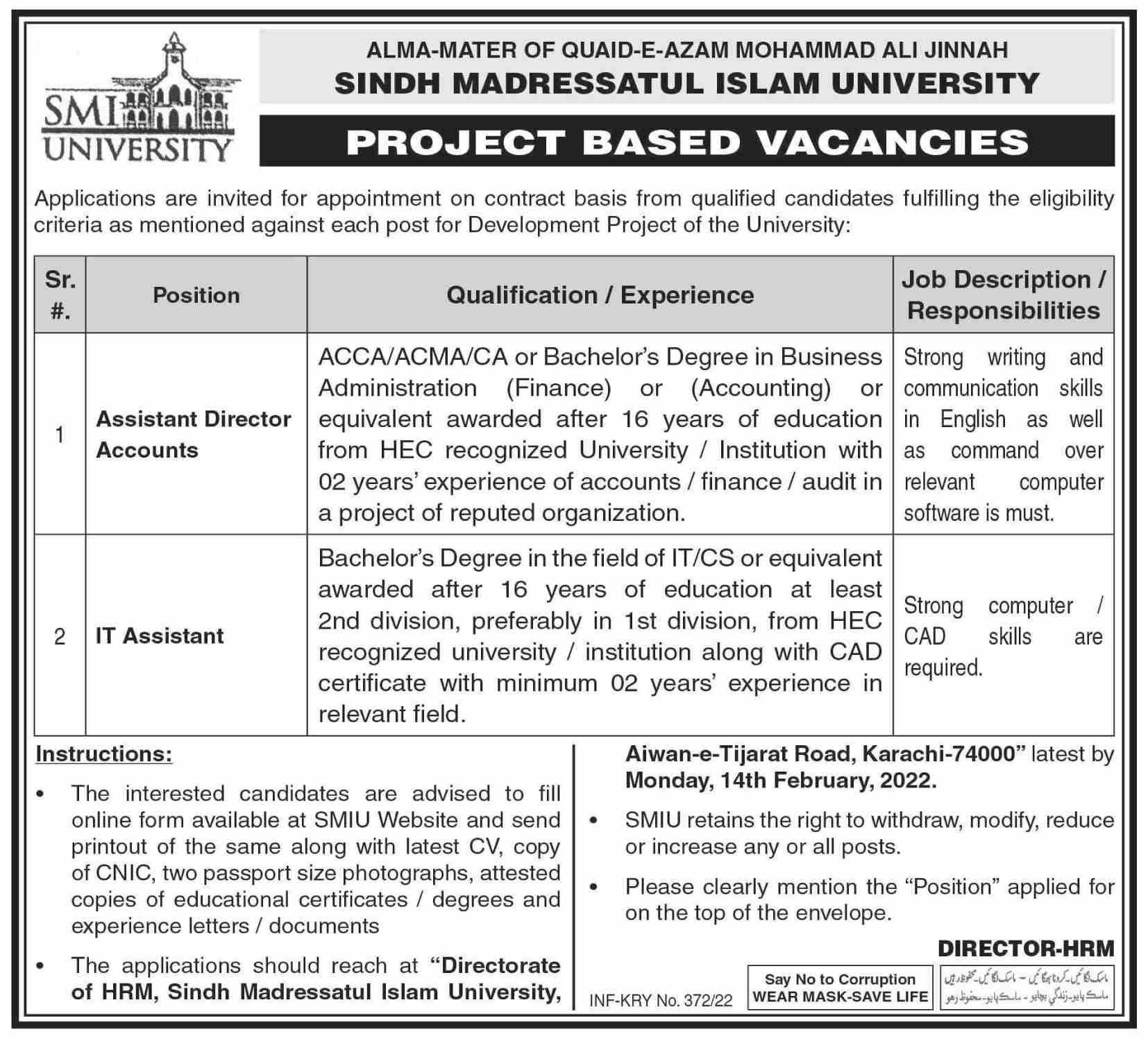 Sindh Madressatul Islam University Jobs January 2022