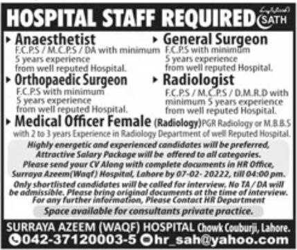 Surraya Azeem WAQF Hospital Jobs January 2022
