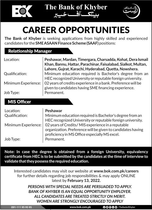 The Bank of Khyber BOK Jobs January 2022