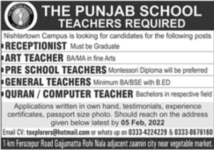 The Punjab School Jobs January 2022