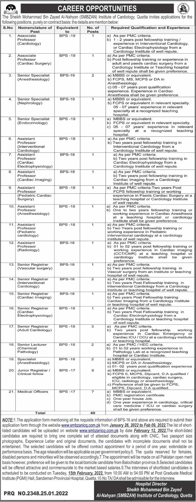 The Sheikh Mohammad Bin Zayed Al-Nahyan (SMBZAN) Institute of Cardiology Jobs January 2022