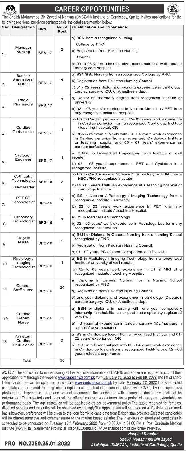 The Sheikh Mohammad Bin Zayed Al-Nahyan SMBZAN Institute of Cardiology Quetta Jobs January 2022