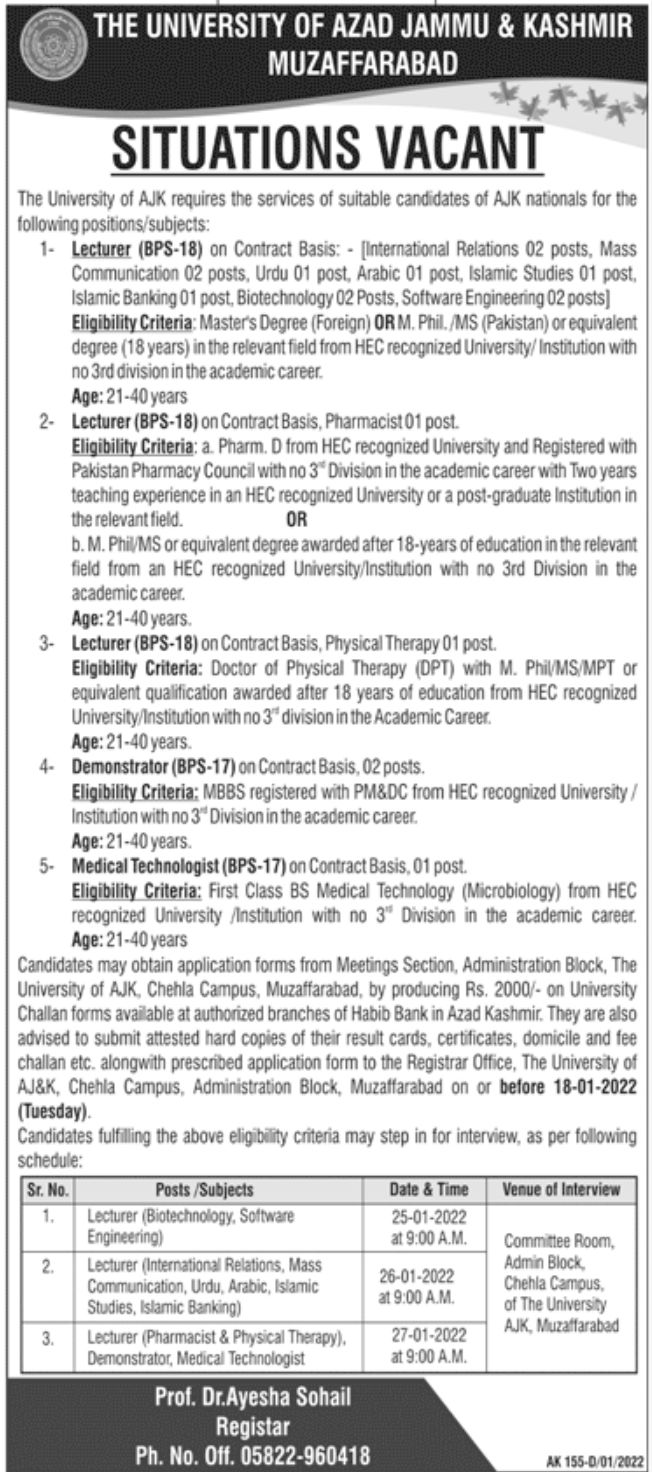 The University of AJK Jobs January 2022