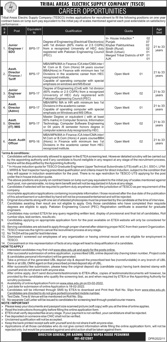 Tribal Areas Electric Supply Company TESCO Jobs January 2022