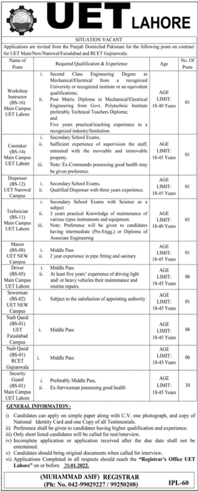 UET Lahore Jobs January 2022
