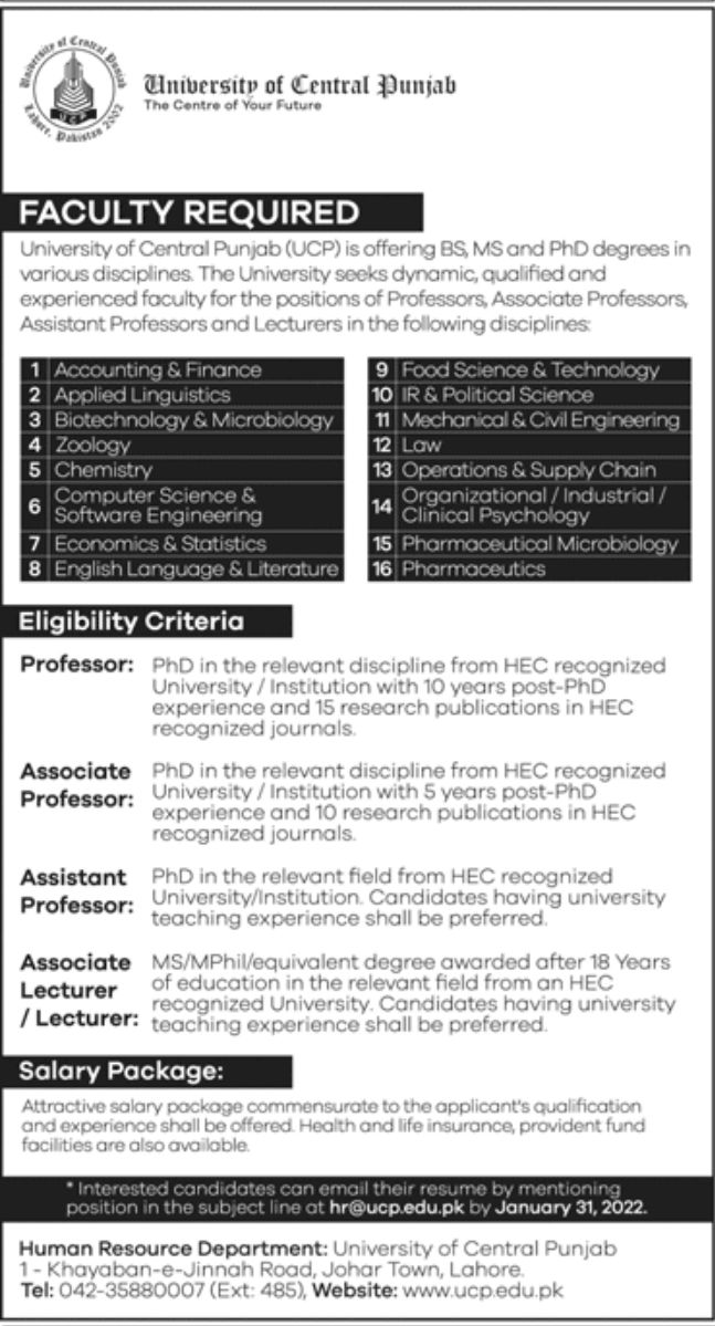 University of Central Punjab Jobs January 2022