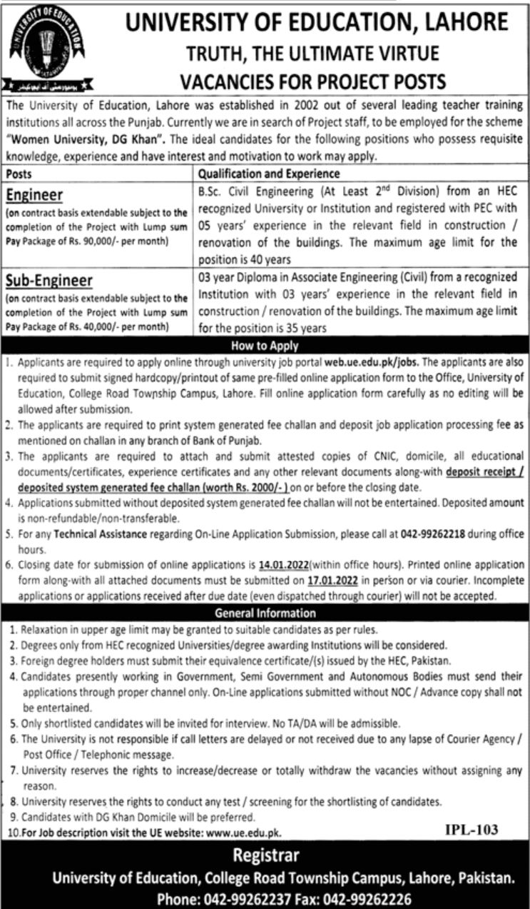 University of Education Lahore Jobs January 2022