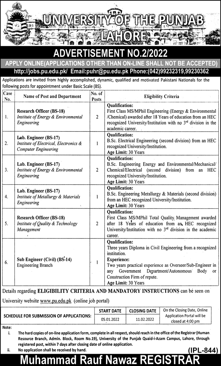 University of the Punjab Lahore Jobs January 2022