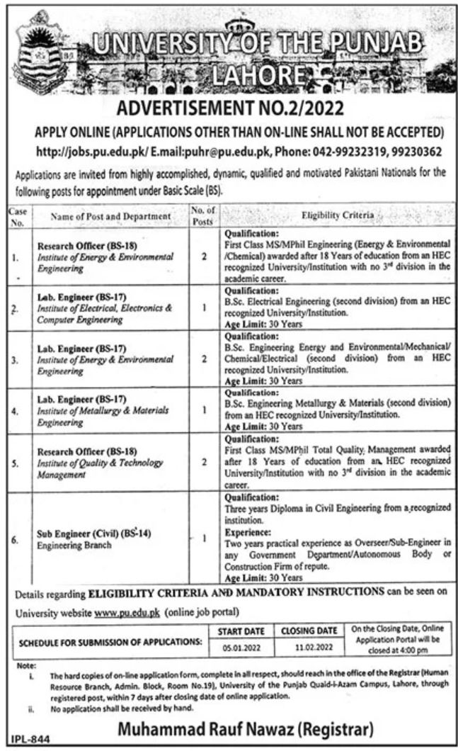 University of the Punjab Lahore Jobs January 2022