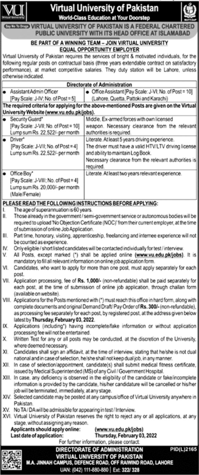 Virtual University of Pakistan Jobs January 2022