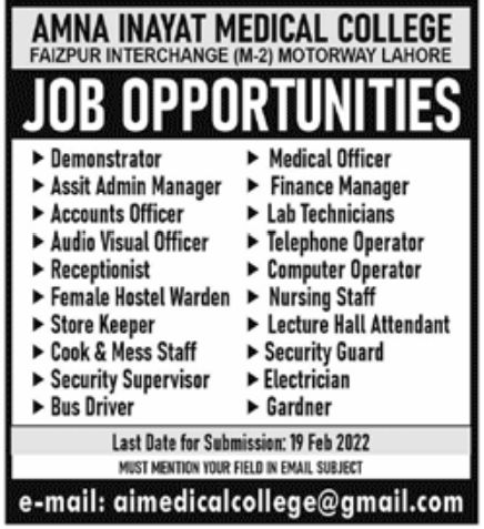 Amna Inayat Medical College Jobs February 2022