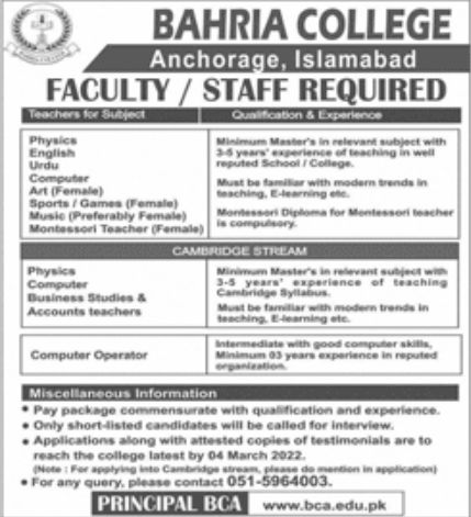 Bahria College Islamabad Jobs February 2022