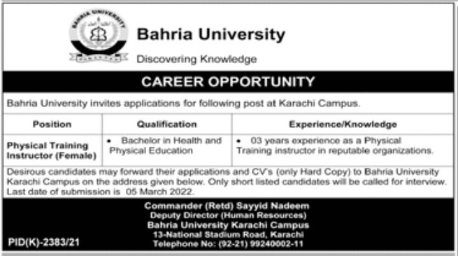 Bahria University Jobs February 2022