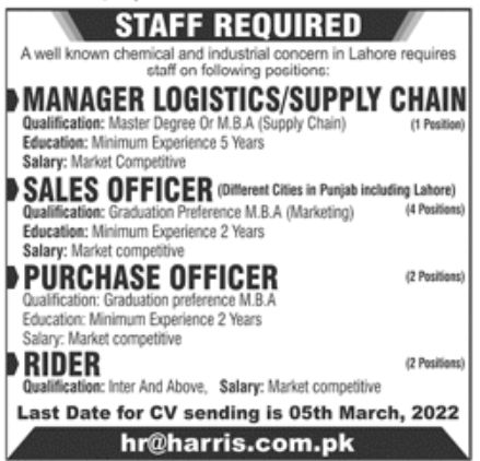 Chemical and Industrial Concern Lahore Jobs February 2022