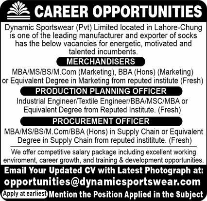 Dynamic Sportswear Pvt Limited Jobs February 2022