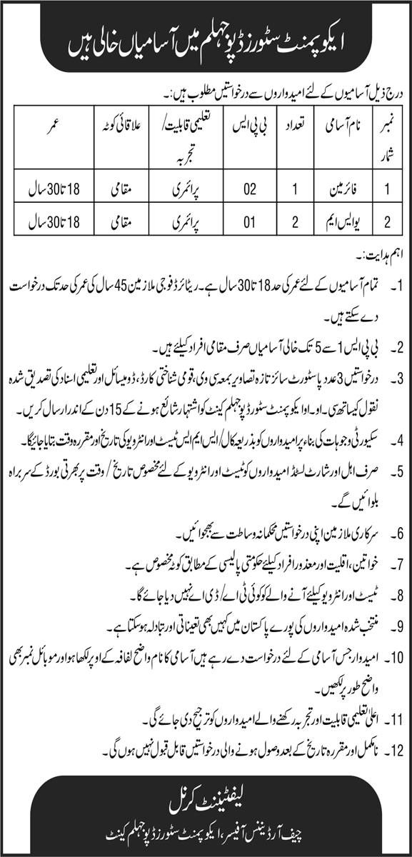Equipment Stores Depot Jhelum Jobs February 2022