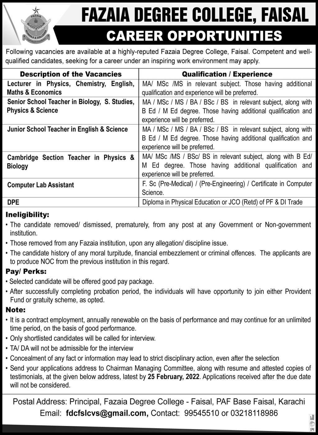 Fazaia Degree College Jobs February 2022