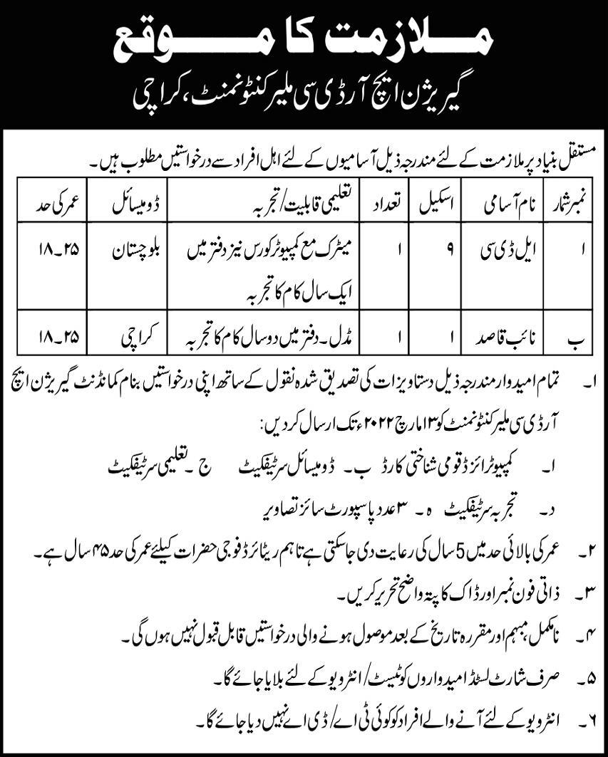 Garrison HRDC Malir Cantonment Karachi Jobs February 2022