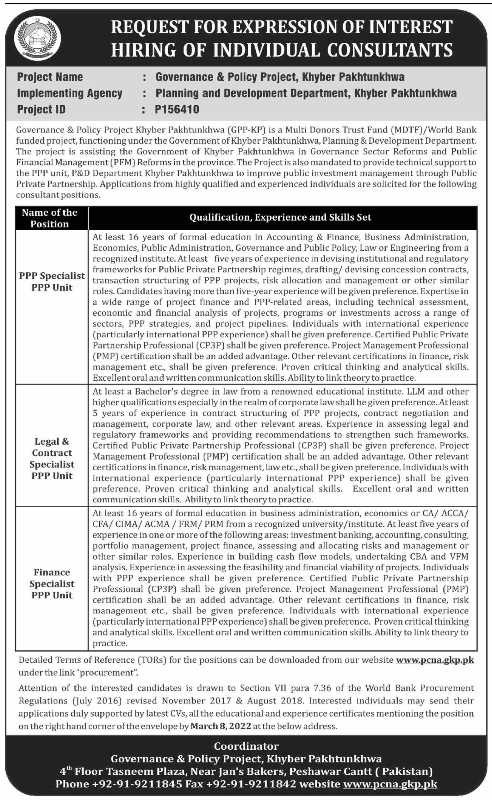 Governance & Policy Project Khyber Pakhtunkhwa Jobs February 2022