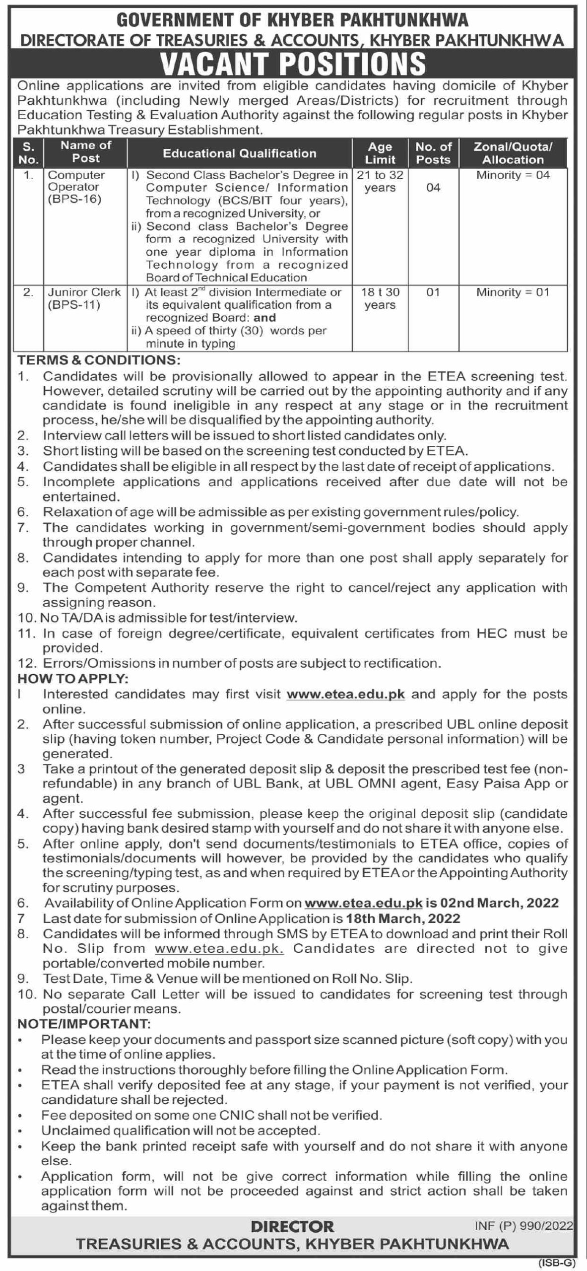 Government of Khyber Pakhtunkhwa Directorate of Treasuries & Accounts KPK Jobs February 2022