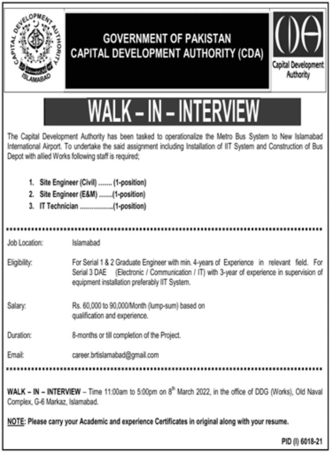 Government of Pakistan Capital Development Authority CDA Jobs February 2022