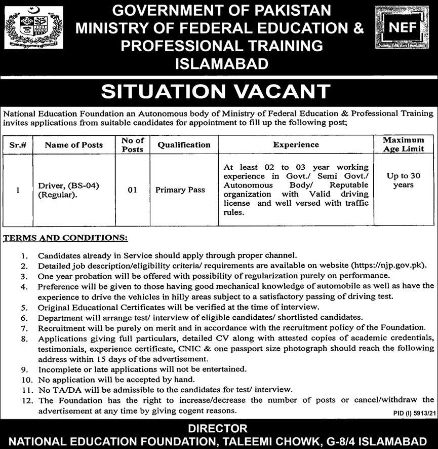 Government of Pakistan Ministry of Federal Education & Professional Training Islamabad Jobs February 2022