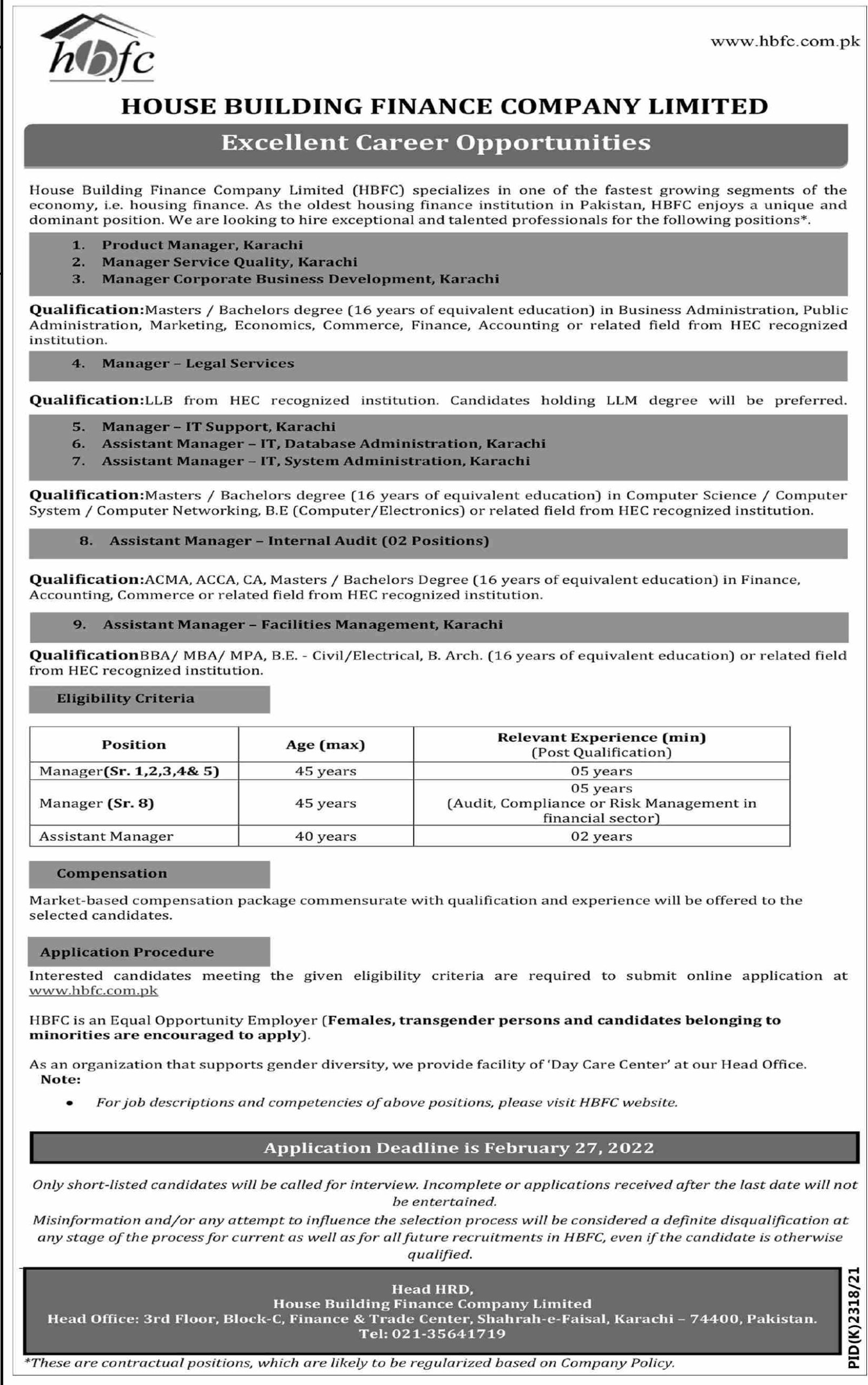 House Building Finance Company Limited HBFC Jobs February 2022