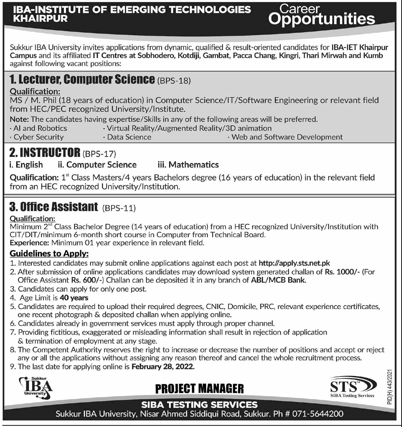 IBA Institute of Emerging Technologies Khairpur Jobs February 2022