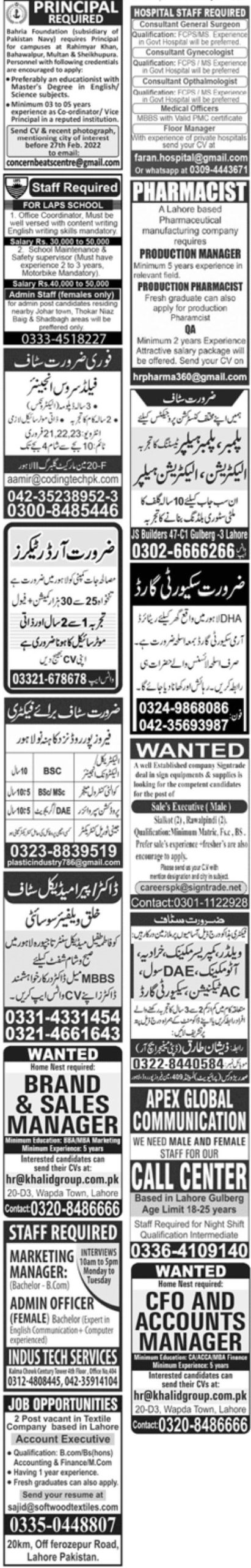 Jang Newspaper Jobs 20 February 2022