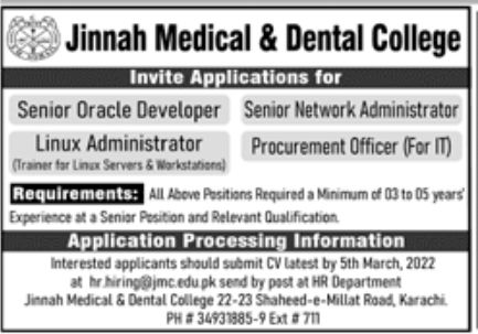 Jinnah Medical & Dental College Jobs February 2022