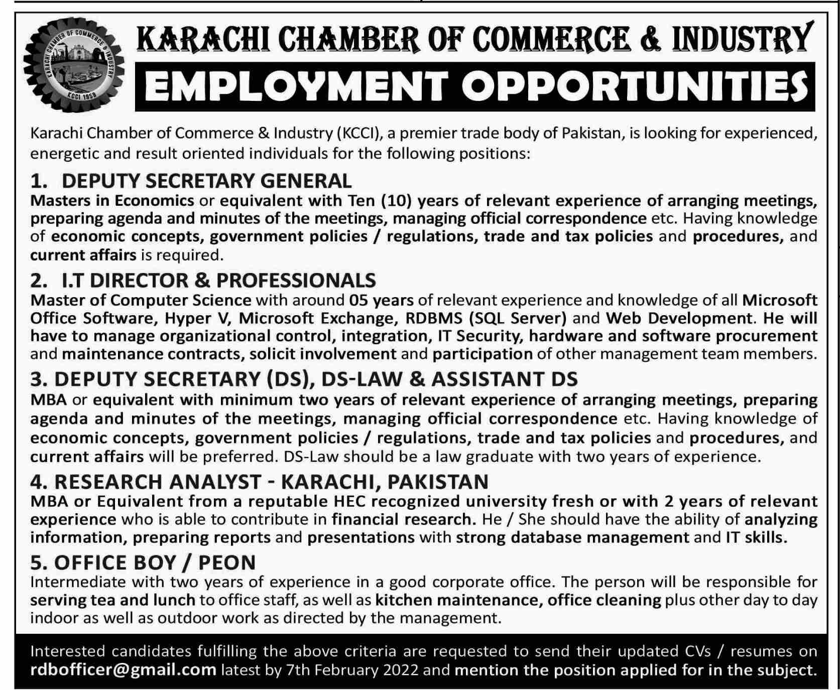 Karachi Chamber of Commerce & Industry Jobs January 2022