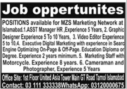 MZS Marketing Network Islamabad Jobs February 2022