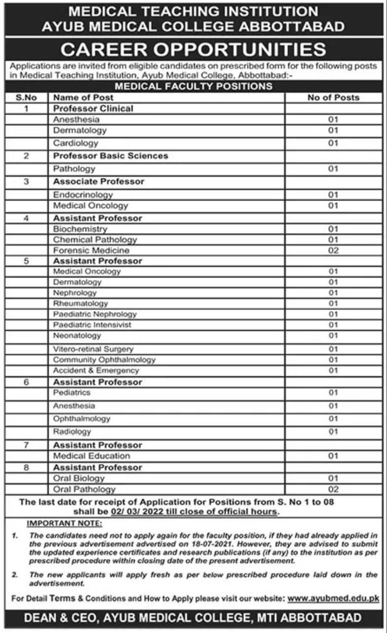 Medical Teaching Institution Ayub Medical College Abbottabad Jobs February 2022