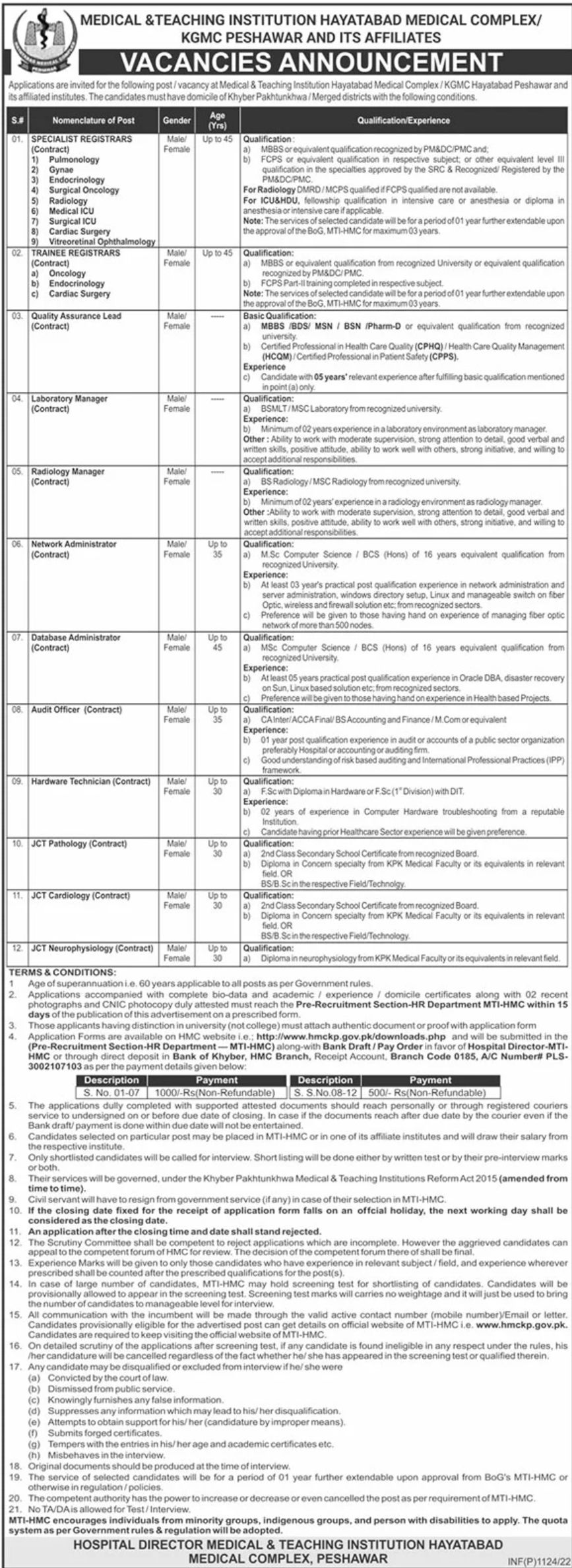Medical & Teaching Institution Hayatabad Medical Complex Jobs February 2022