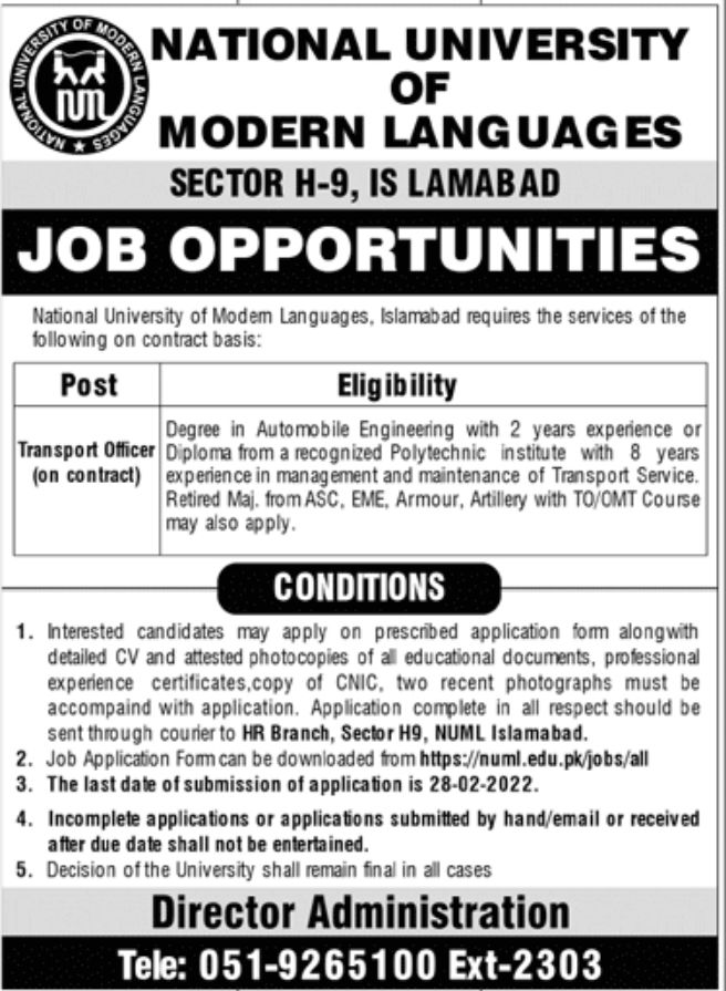 National University of Modern Languages NUML Jobs February 2022