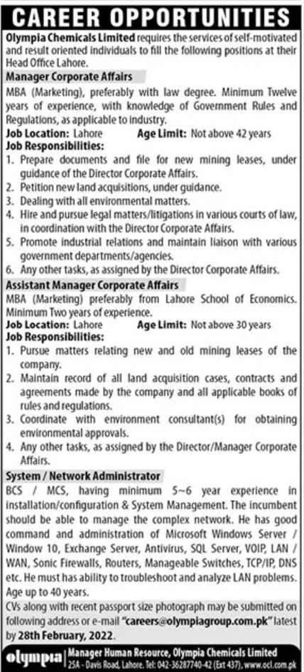 Olympia Chemicals Limited Jobs February 2022