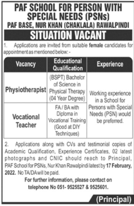 PAF School for Person with Special Needs Jobs February 2022