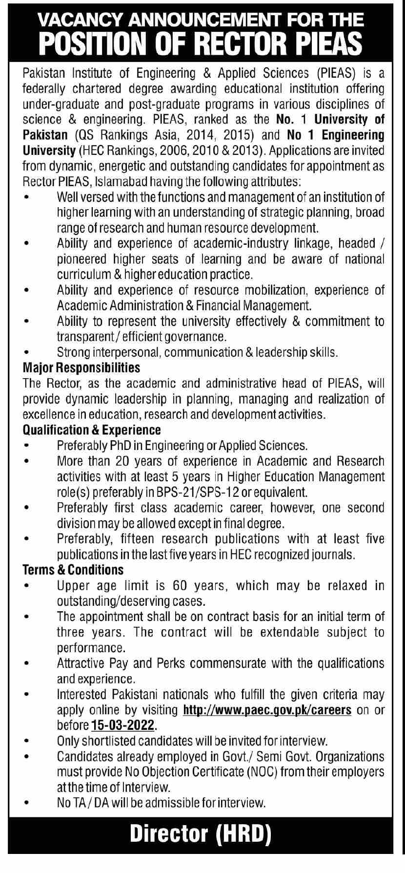 Pakistan Institute of Engineering & Applied Sciences PIEAS Jobs February 2022