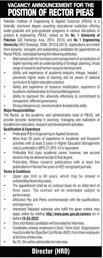 Pakistan Institute of Engineering & Applied Sciences PIEAS Jobs February 2022