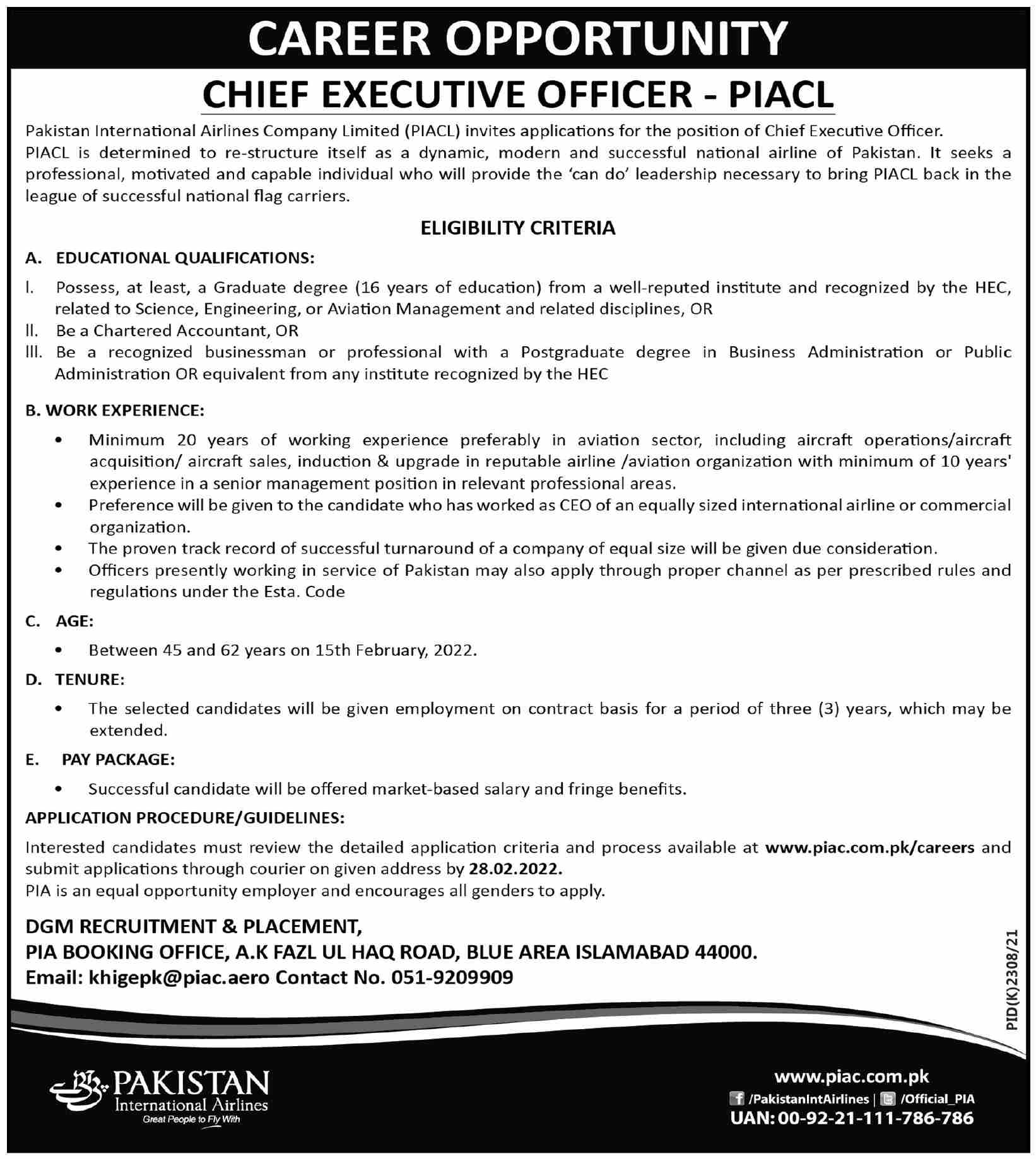 Pakistan International Airline Company Limited PIACL Jobs February 2022